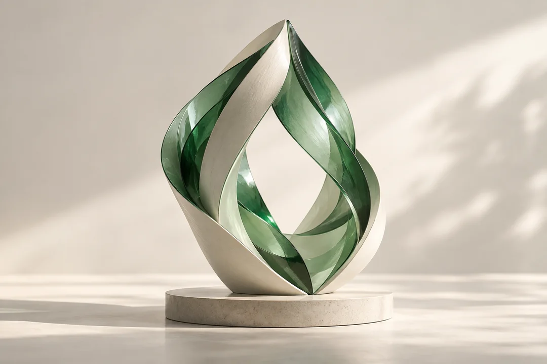 AI-generated concept: an emerald glass and ivory sculpture forming an open aperture.