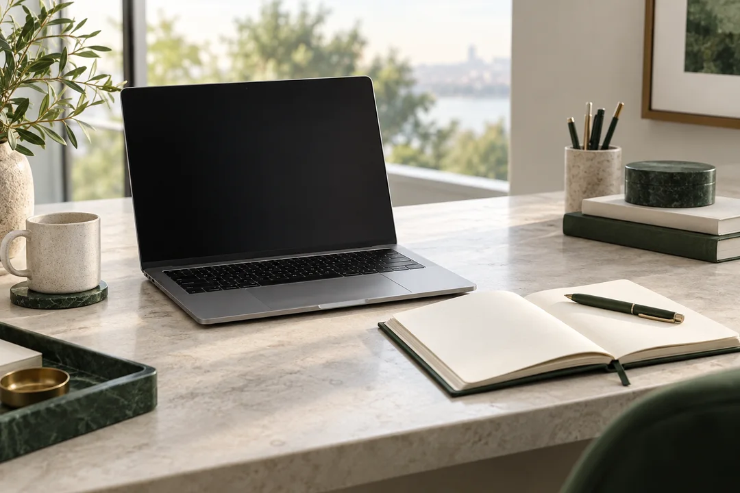 AI-generated concept: an unbranded laptop and blank notebook on a quiet desk, not the company’s actual office.